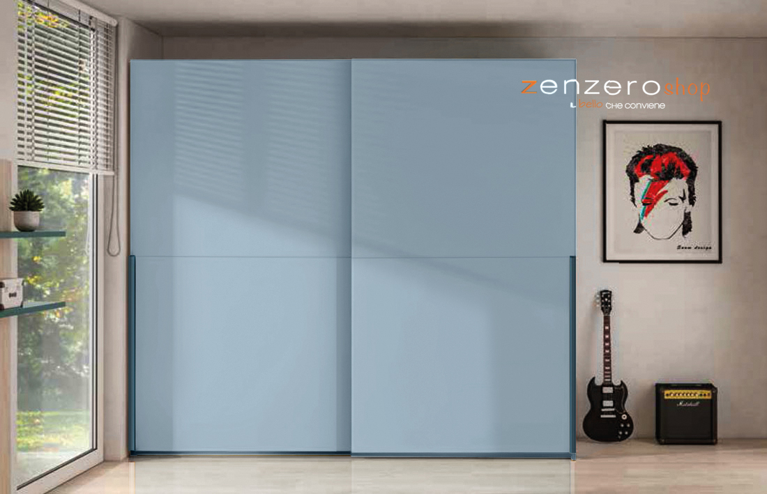 Armadio a 2 ante scorrevoli, finitura Carta da zucchero e Petrolio Zenzero Shop