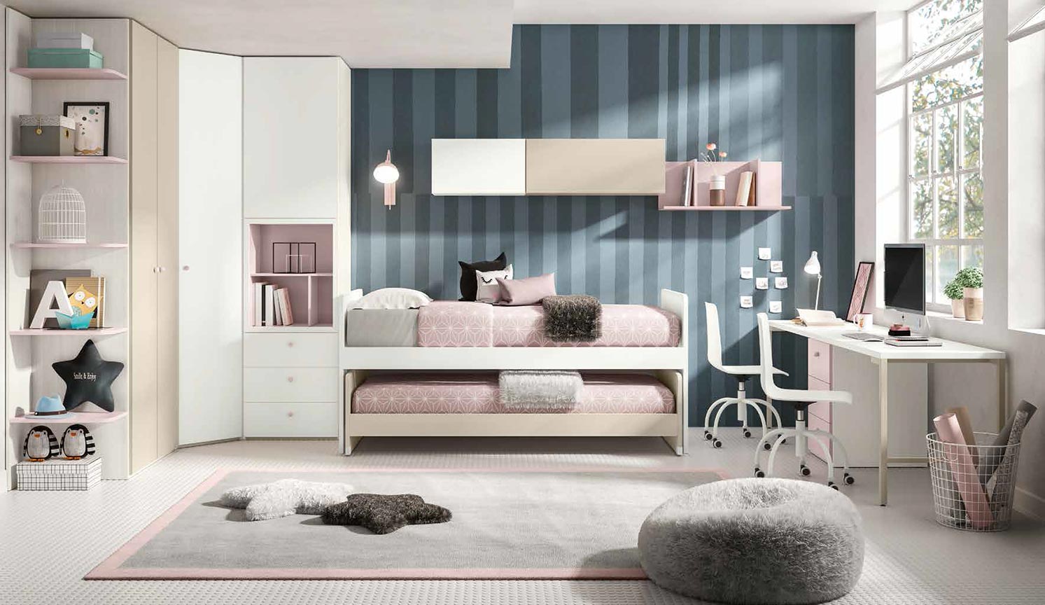 Armadio ad angolo con 4 ante e 3 cassetti in finitura Bianco larice, Orzo e Rosa confetto