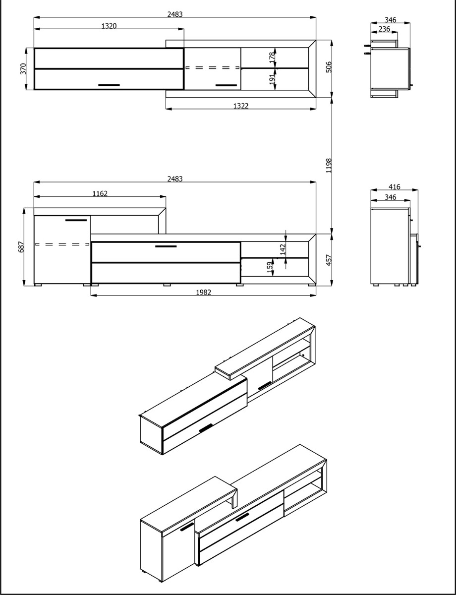 Parete attrezzata design moderno, finitura Rovere e Bianco