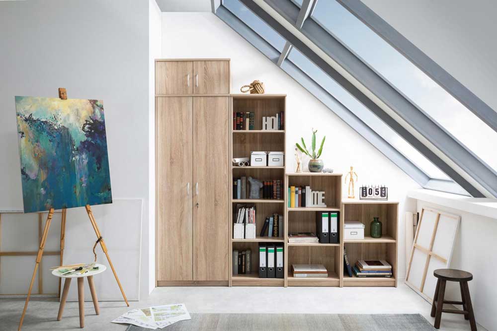 Soluzione salvaspazio con Armadio 3 ante e 3 librerie, finitura Rovere Sonoma