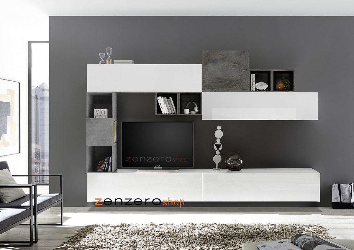 Parete attrezzata completa di libreria e pensili con maniglia, finitura Bianca Lucida, Ossido e Beton