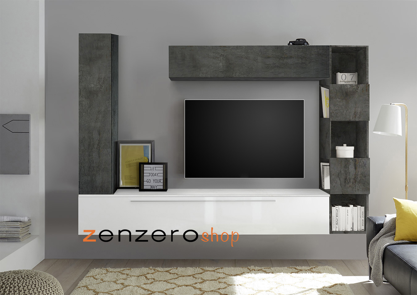 Parete attrezzata, con maniglie di design, finitura bianco lucido, beton e piombo