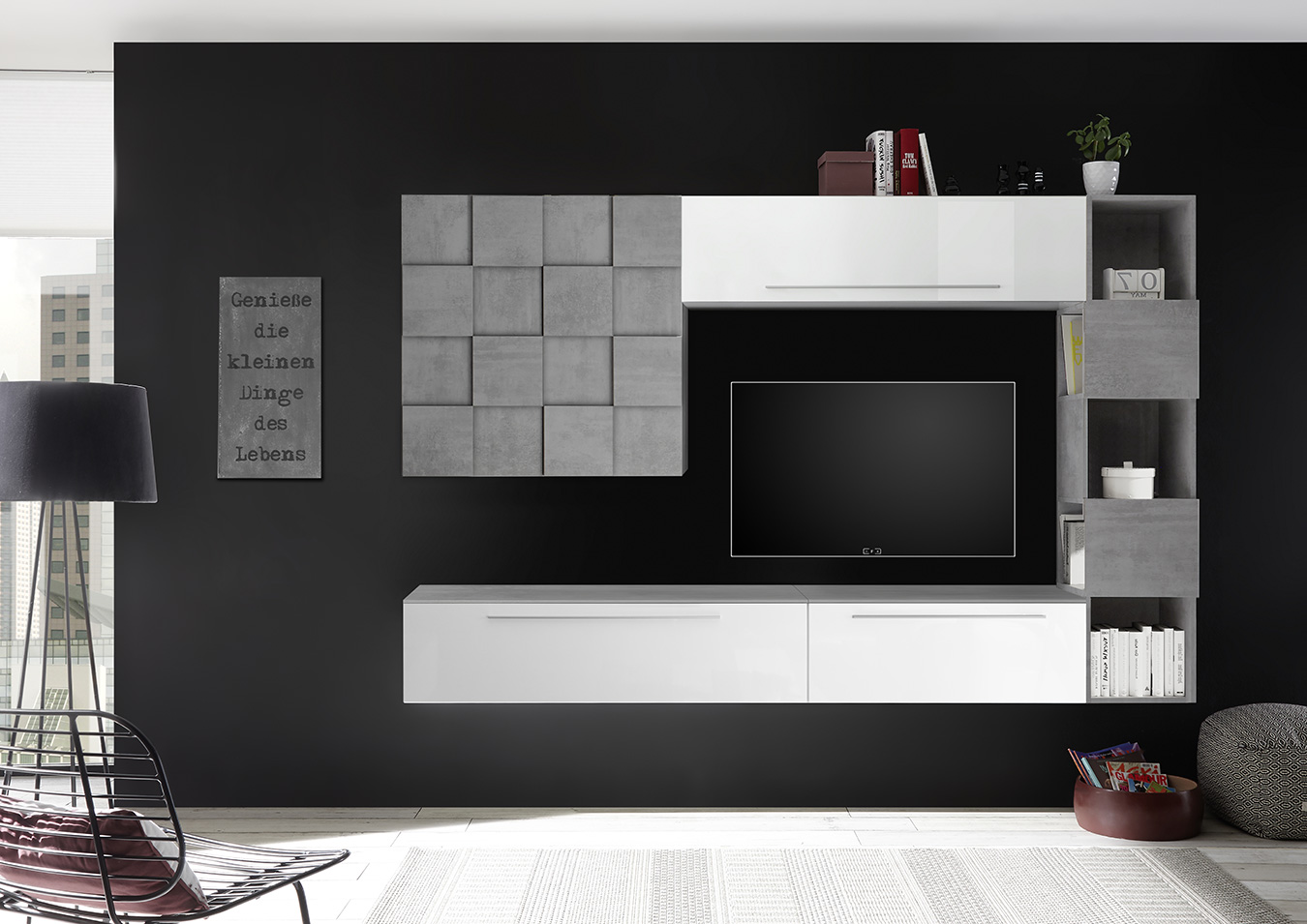 Parete attrezzata bianca laccata lucida e beton, con contenitore, e libreria grande