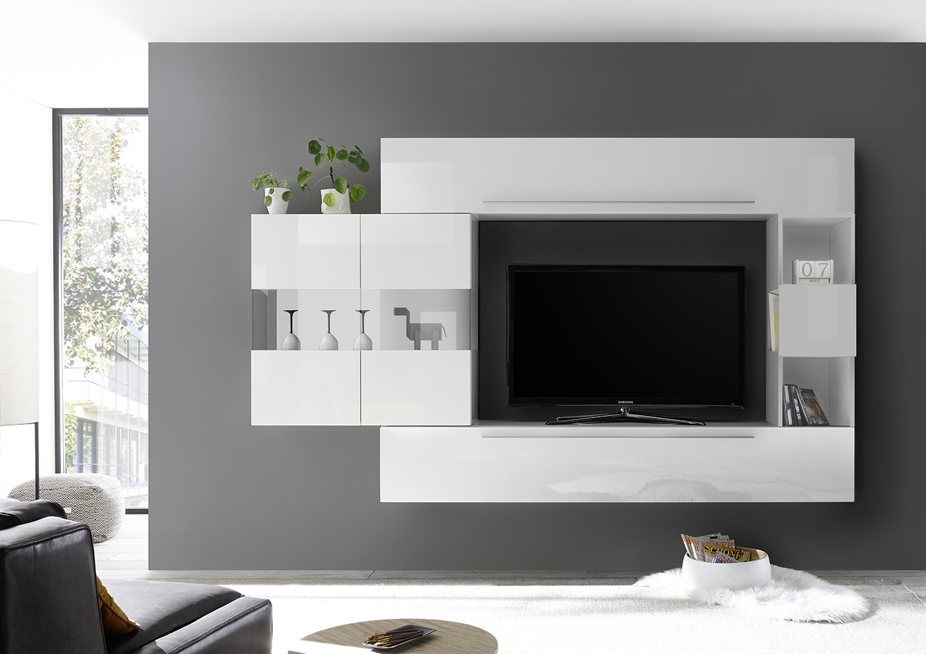 Parete attrezzata con vetrina 2 ante e libreria piccola, finitura Bianco Laccato Lucido