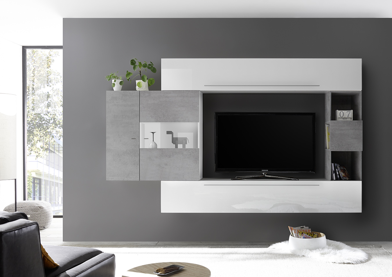 Parete attrezzata Bianca Lucida con vetrina e libreria Beton