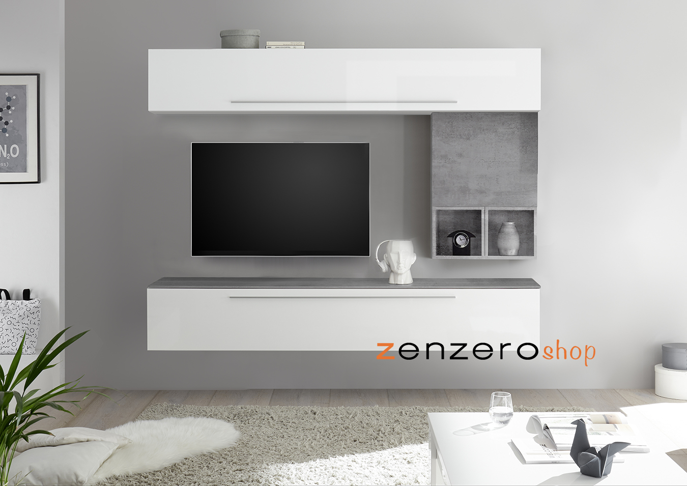 Parete attrezzata con apertura con pistone ammortizzato, Bianca Lucida e Beton