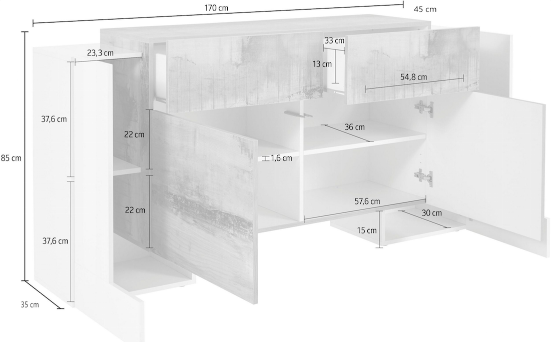 Credenza multiuso Bianca e Ardesia, 4 ante 2 cassetti, Bianco e Pero