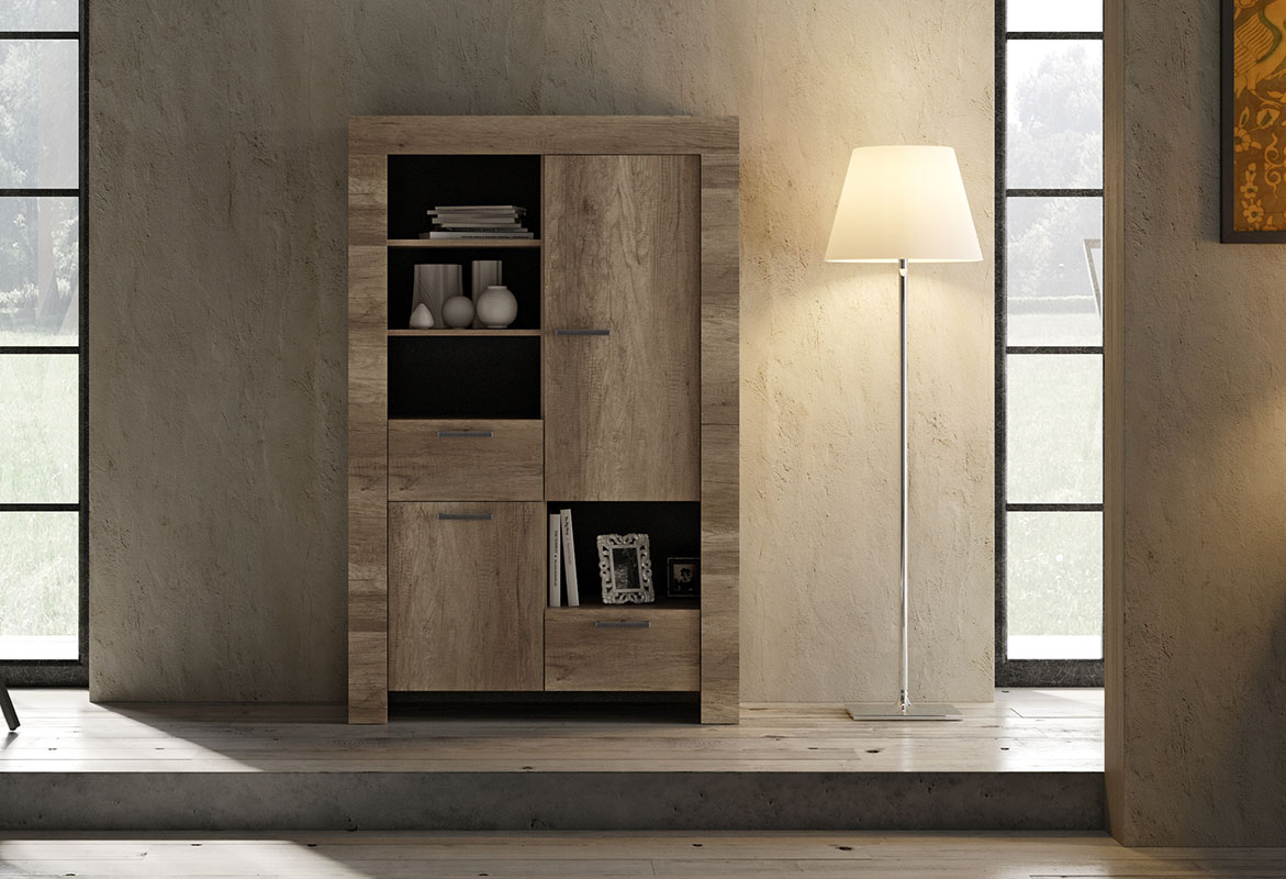 Madia contenitore 2 ante e 2 cassetti stile shabby chic, noce