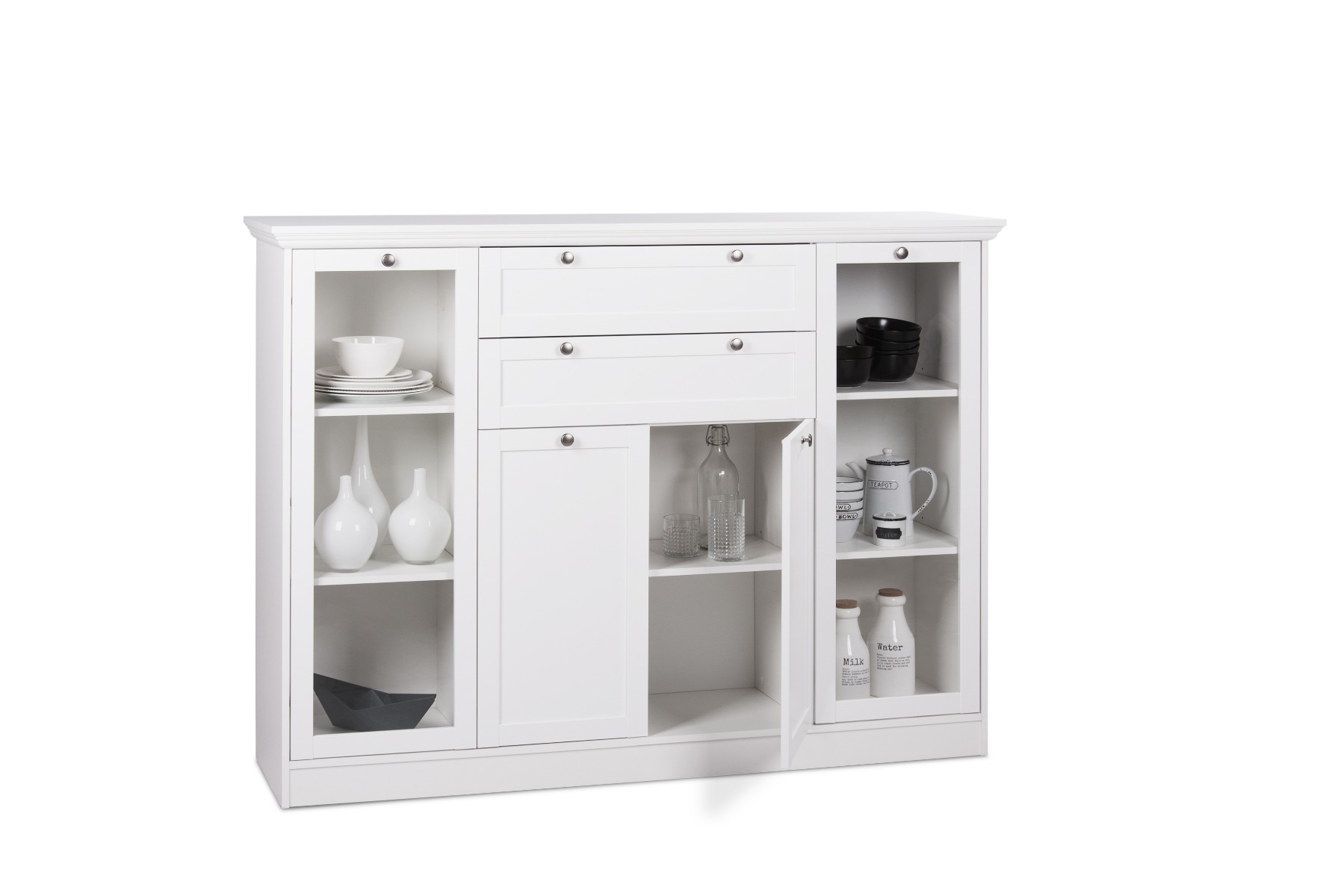 Madia, credenza con 4 ante e 2 cassetti finitura bianca