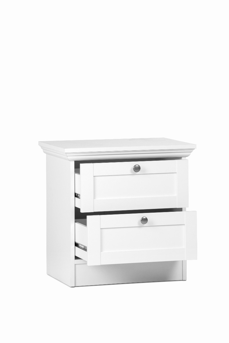 Comodino a 2 cassetti con maniglie in metallo, finitura Bianca