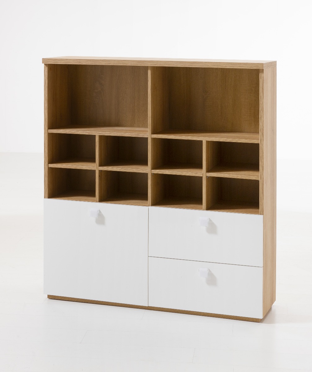 Libreria Industry per ufficio con 2 cassetti e un'anta in finitura Rovere e Bianco laccato