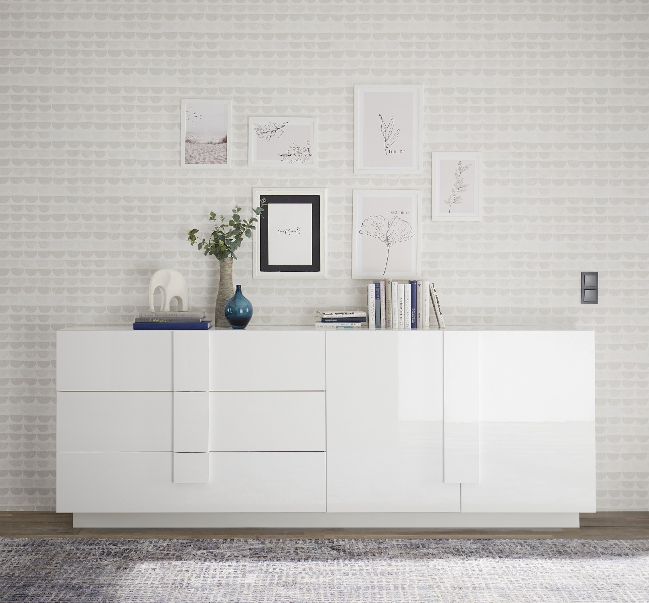 Credenza in offerta, 2 ante 3 cassetti in finitura Bianco laccato lucido