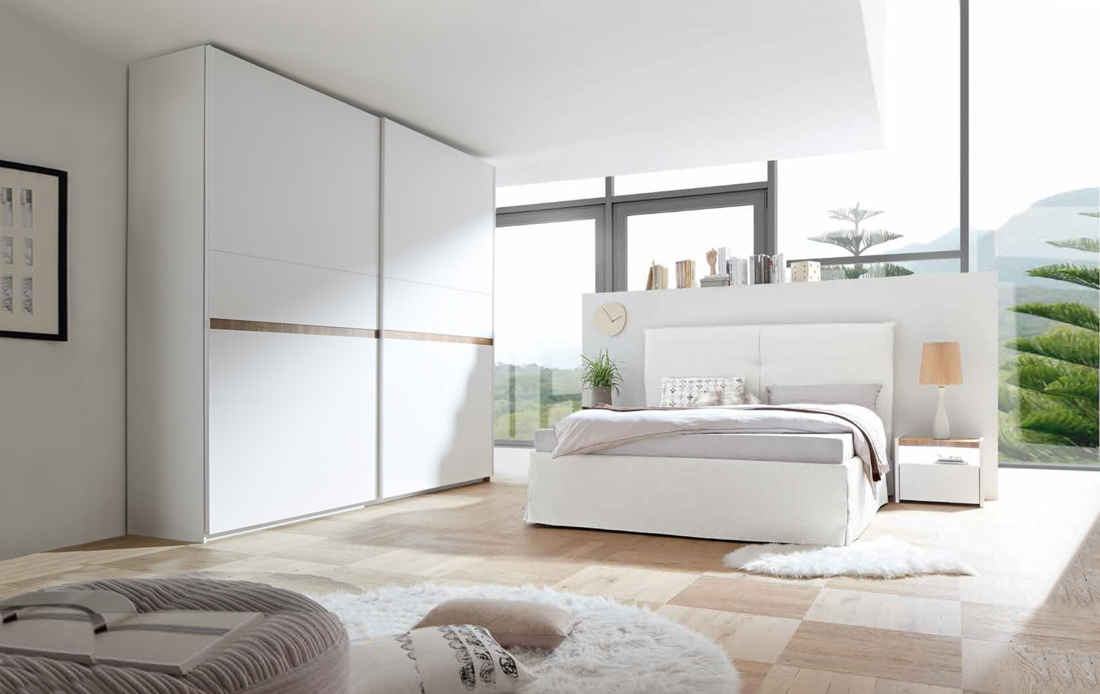 Camere matrimoniale Bianca Opaco e Noce Stelvio con letto ecopelle bianco e armadio H.248