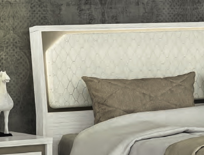 Letto matrimoniale moderno, Olmo Bianco con dettagli visone, Made in Italy