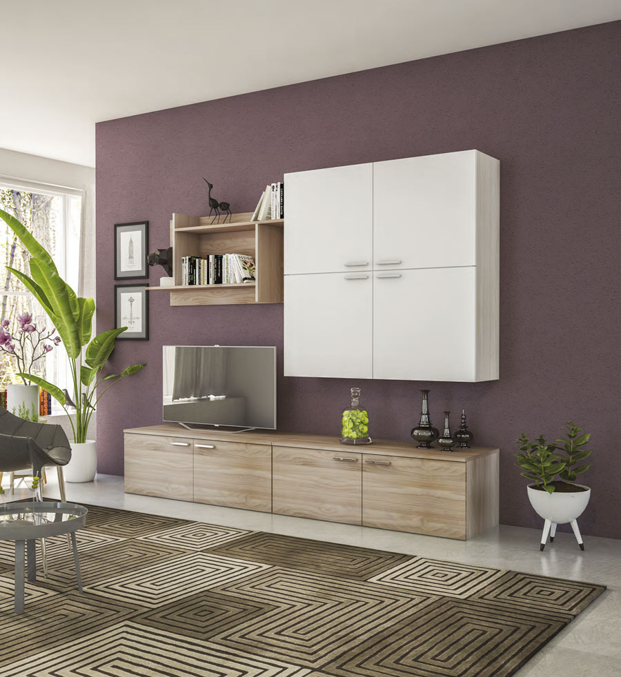 Parete attrezzata finitura Olmo perla con frontali Bianco Lucido, made in Italy