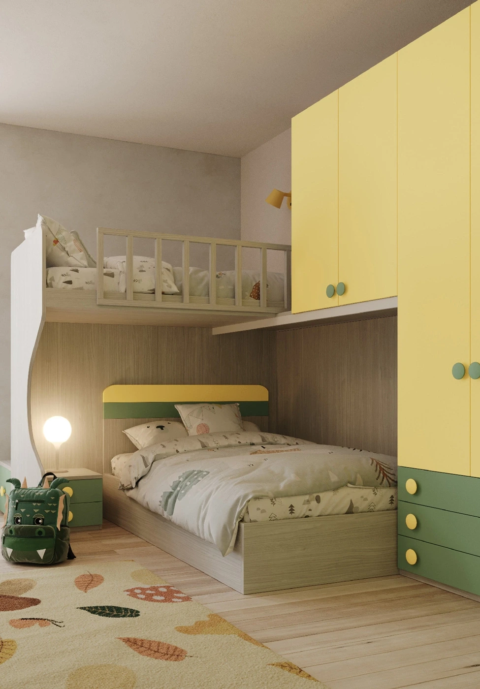 Soppalco angolare con letto contenitore 1 piazza e mezza, Cenere wood, Giallo, Salvia Zenzero Shop