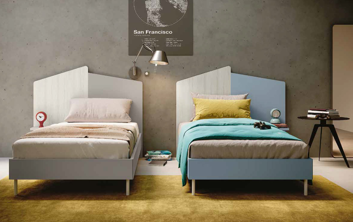 Cameretta 2 letti singoli, finitura Bianco altea, Carta da zucchero e Grigio seta