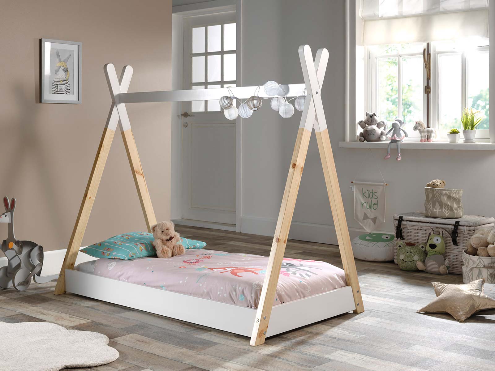Lettino montessoriano bambini 70x140, Pino naturale e Bianco laccato