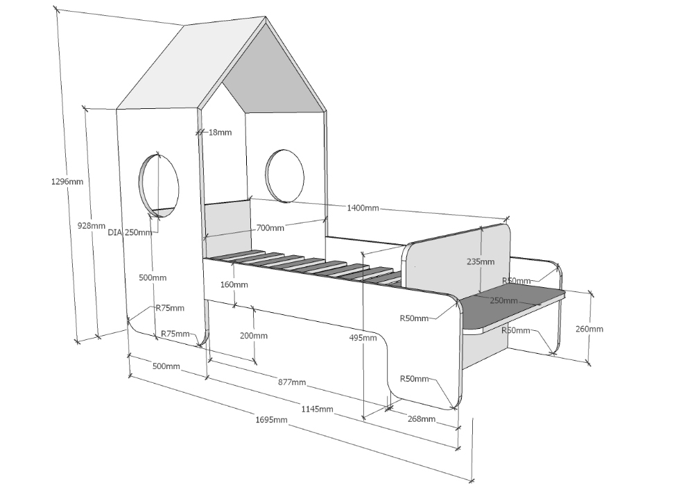 Lettino singolo bambini, design casetta, bianco