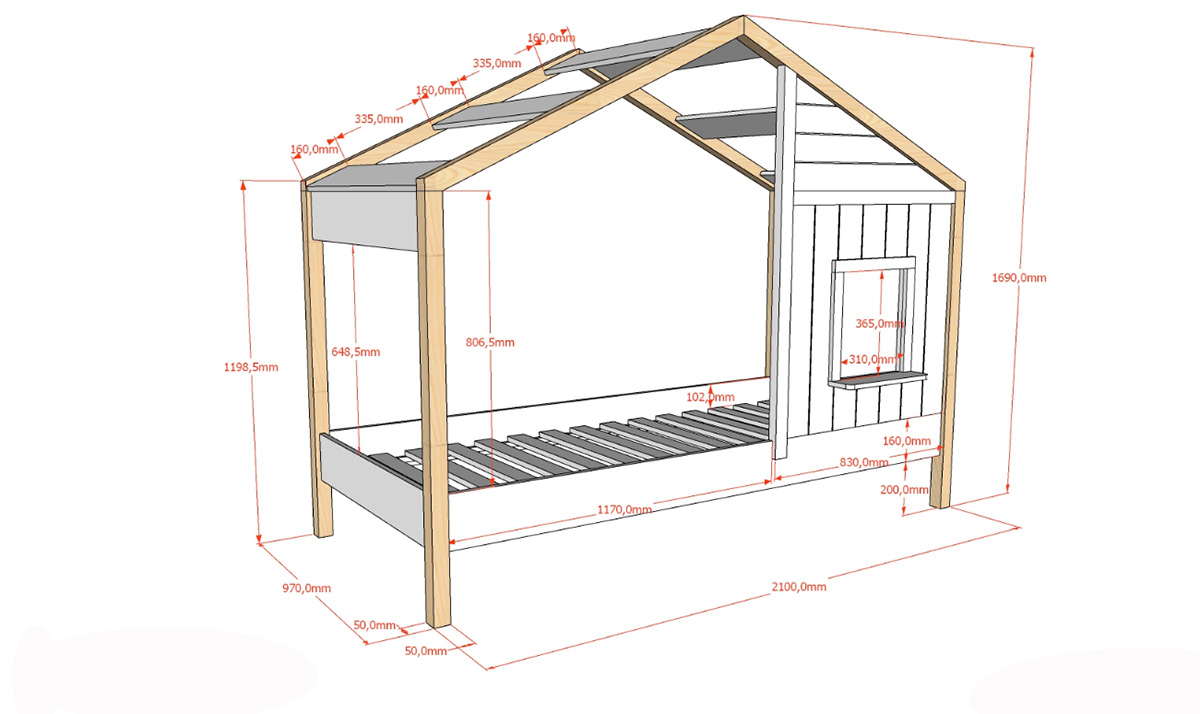 Lettino montessoriano a casetta per bambini, Bianco e Rovere naturale