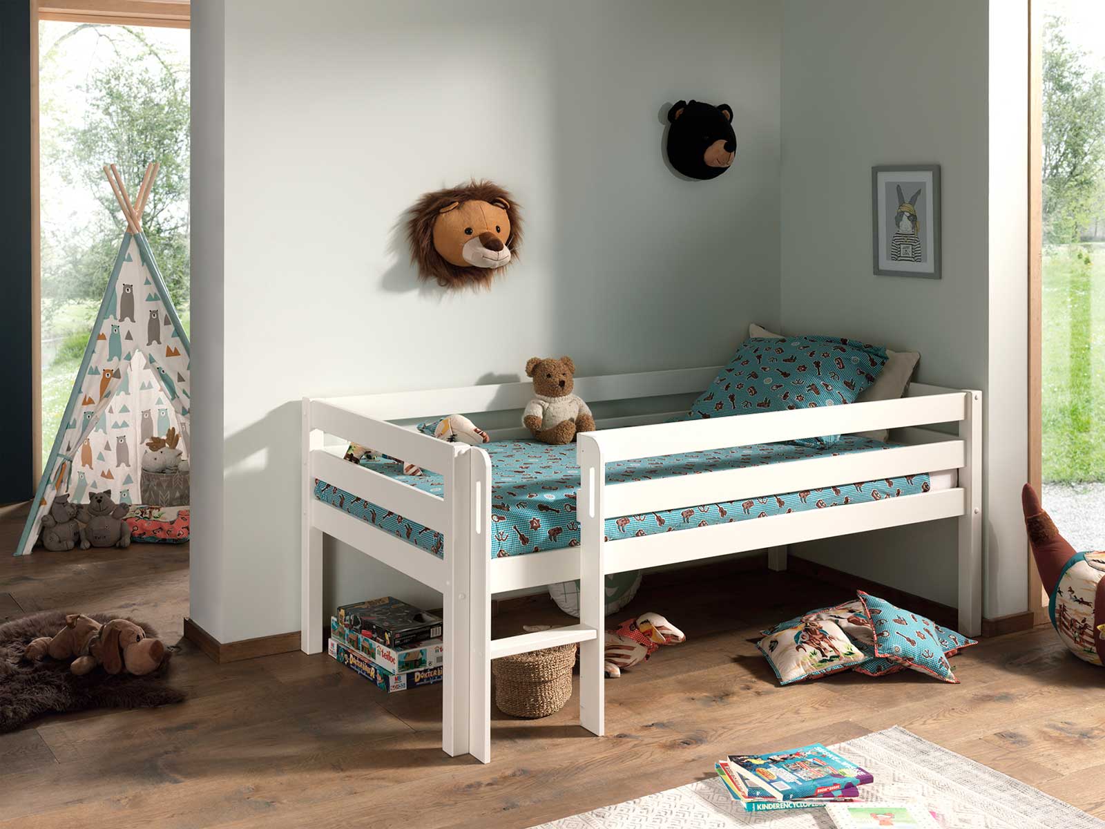 Lettino per bambini con scaletta, Bianco laccato