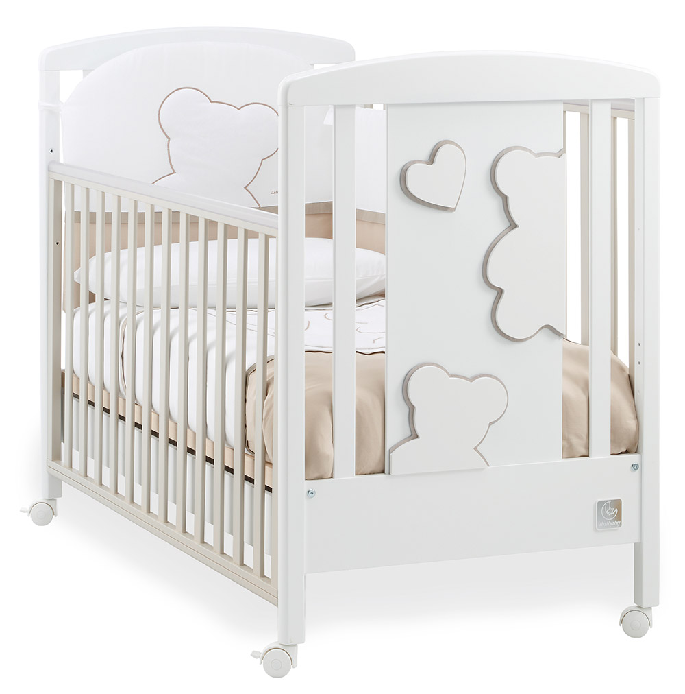 Lettino per neonati Winnie, bianco e choco con decori orsetto