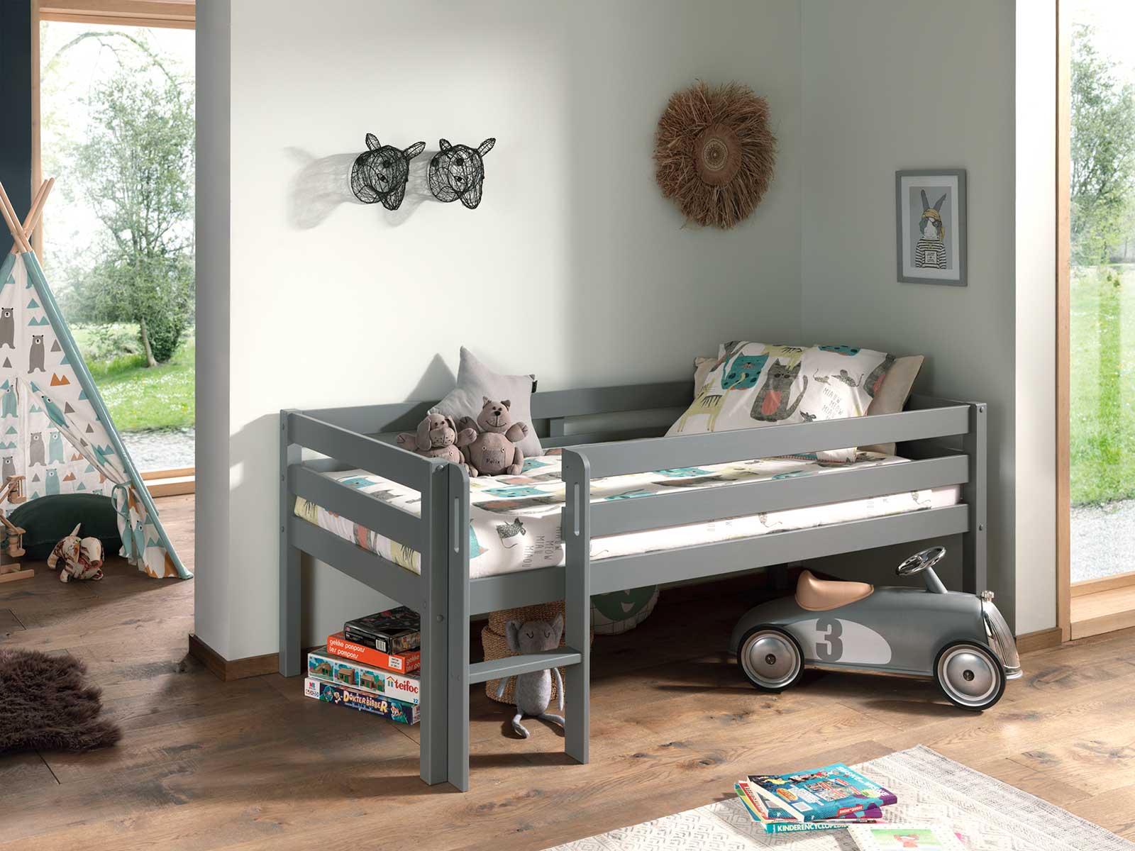 Lettino per bambini con scaletta, Bianco laccato