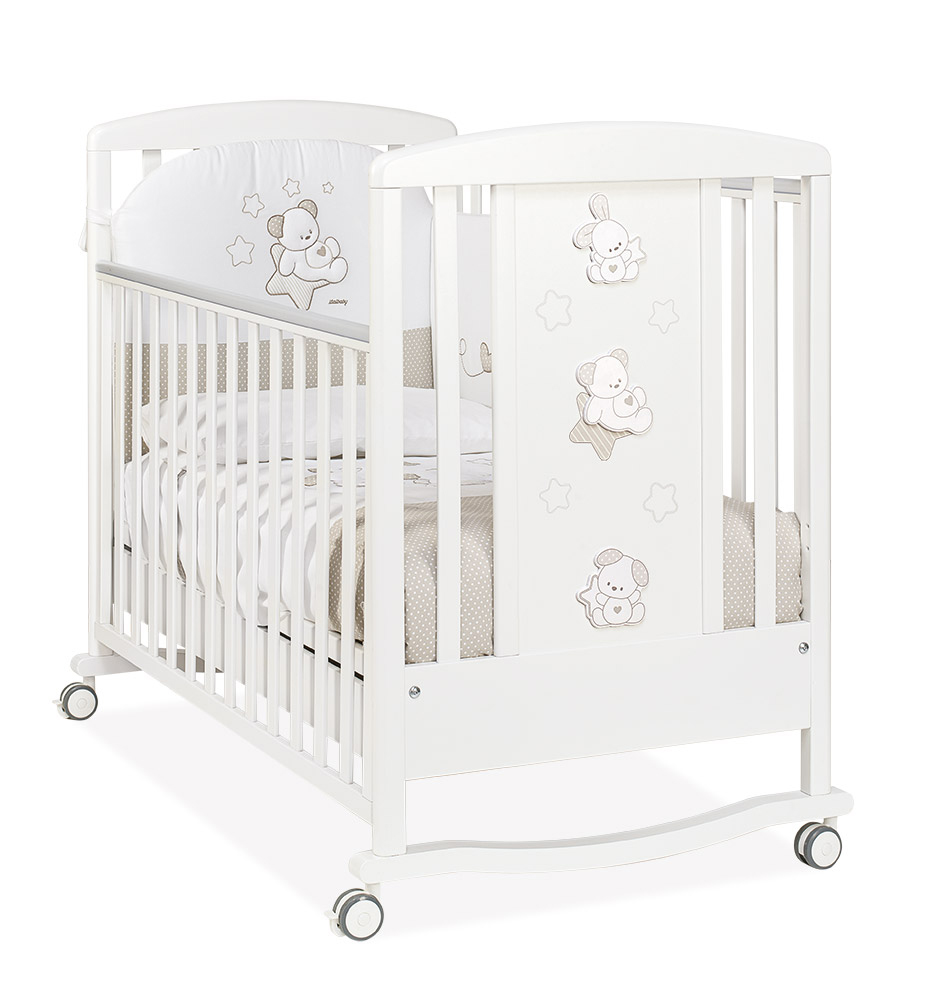 Culla Orsetto con decorazione e ruote, finitura Bianco