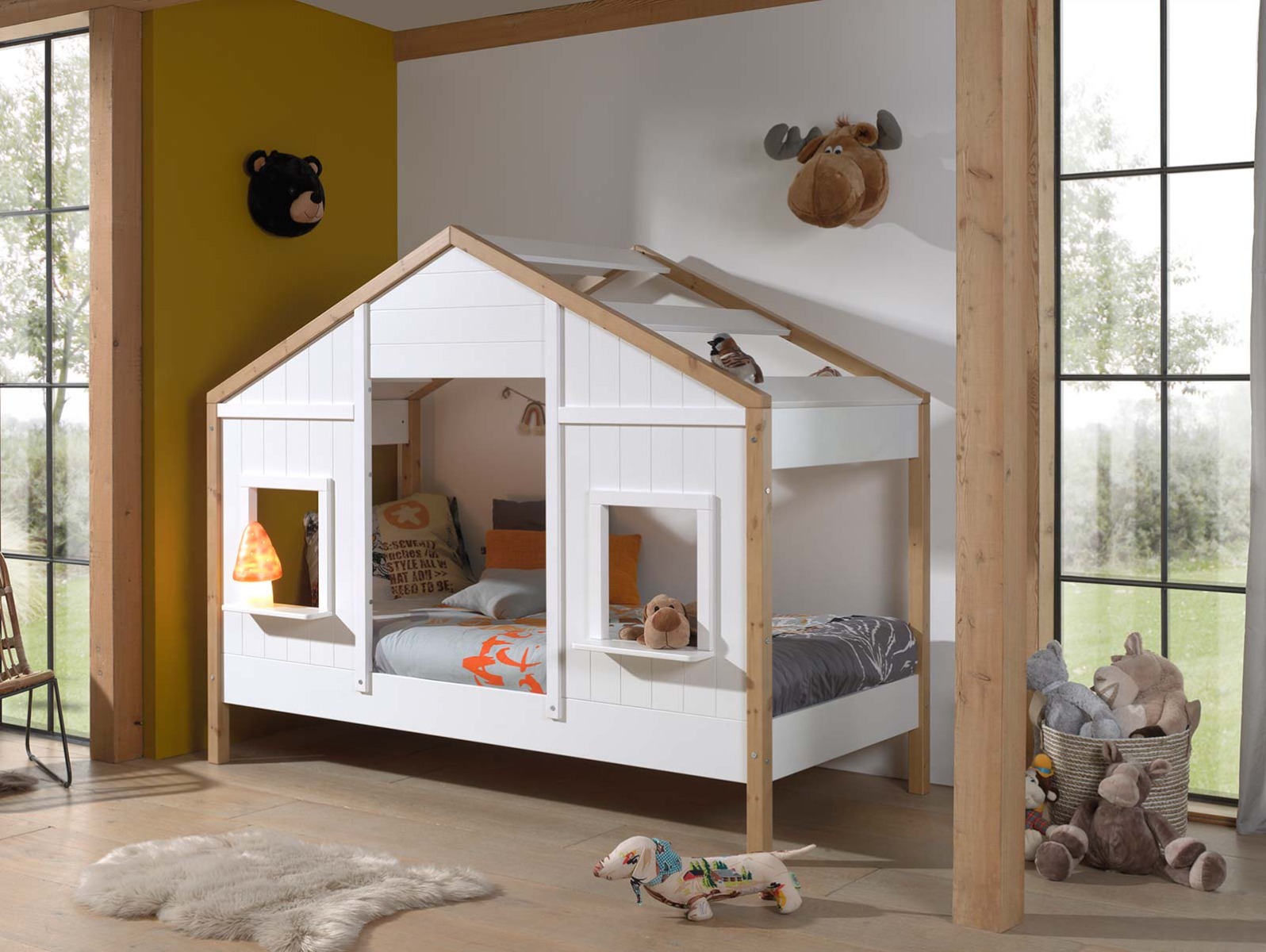 Letto montessoriano a casetta per bambini, Bianco e Pino naturale