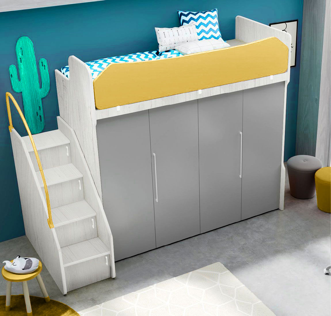 Letto a soppalco prezzo basso, finitura Grigio dorian e Rovere gesso