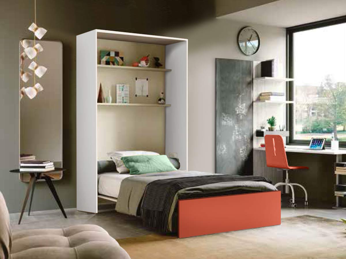 Letto a scomparsa verticale una piazza e mezza, finitura Bianco e Corallo, Made in Italy