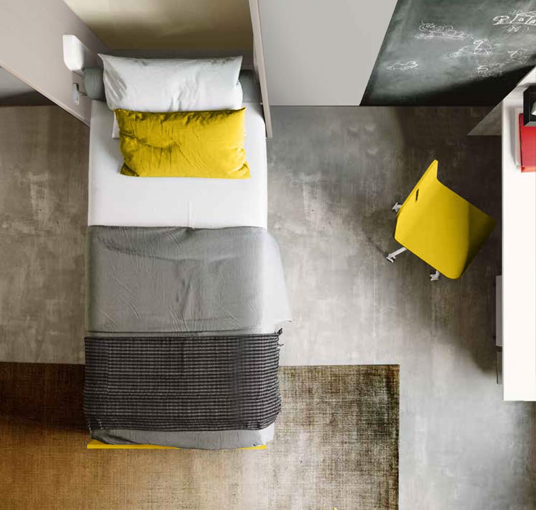 Letto singolo a scomparsa, finitura Grigio seta e Giallo cedro