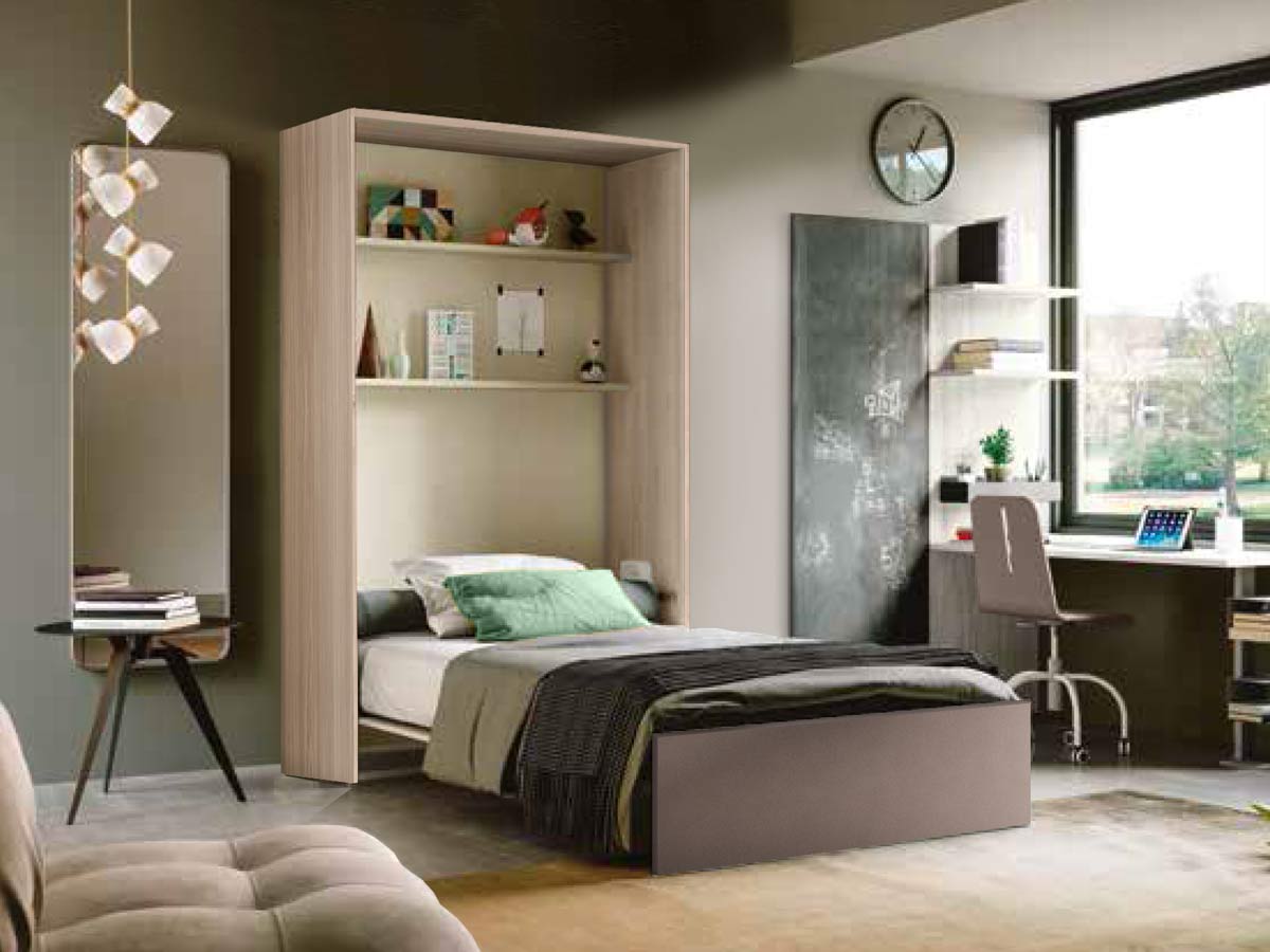 Letto a scomparsa una piazza e mezza, finitura Olmo e spatolato Bronzo