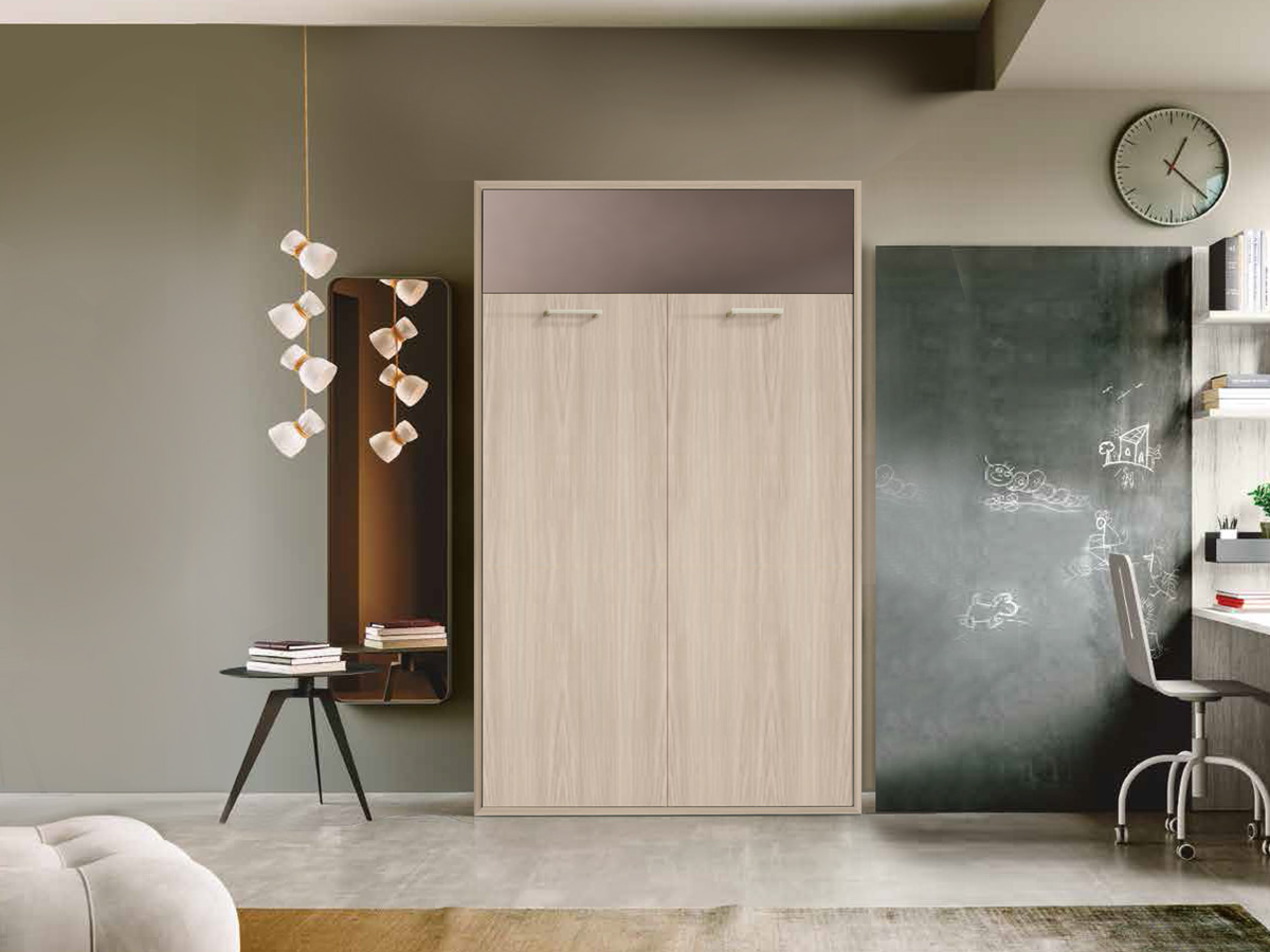 Letto a scomparsa una piazza e mezza, finitura Olmo e spatolato Bronzo