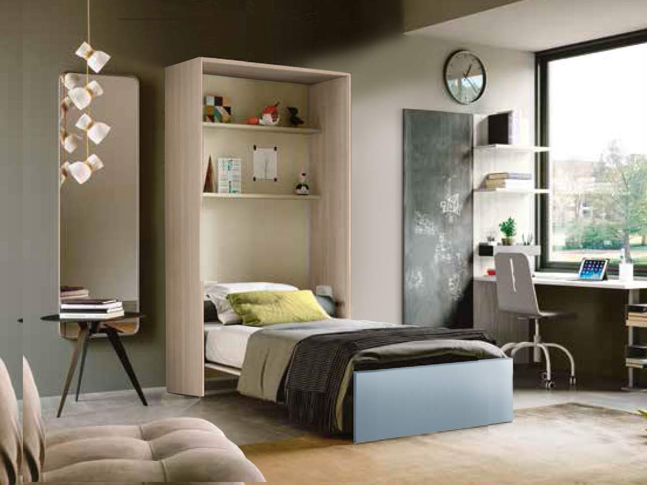 Letto verticale singolo trasformabile a scomparsa, finitura Olmo e Carta da zucchero