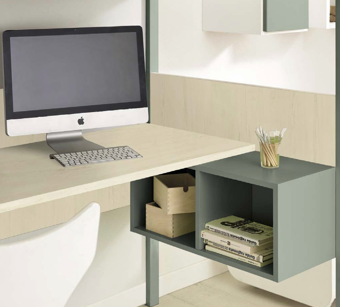 Letto soppalco con scrivania, finitura Natural wood e Agave