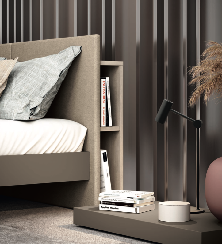 Letto matrimoniale con alloggiamento posteriore, finitura Moka e Papyrus
