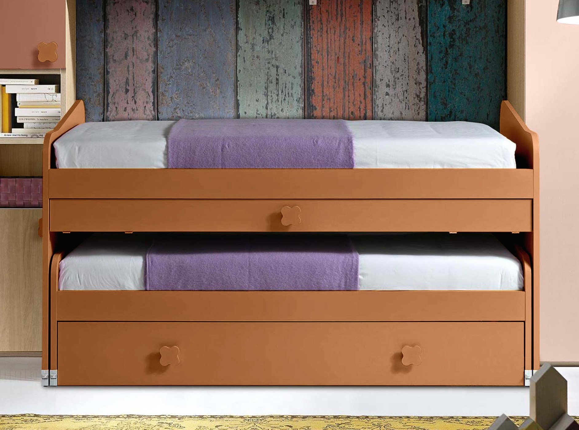 Cameretta con letto salvaspazio 3 posti, finitura Rovere ambra, Rosa antico, Peonia e Terracotta