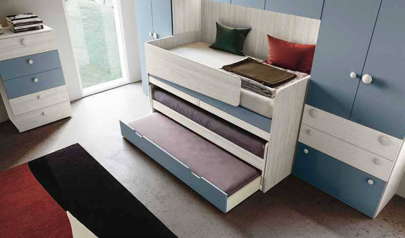 Cameretta 3 letti con scrivania, finitura Carta da zucchero e Bianco altea