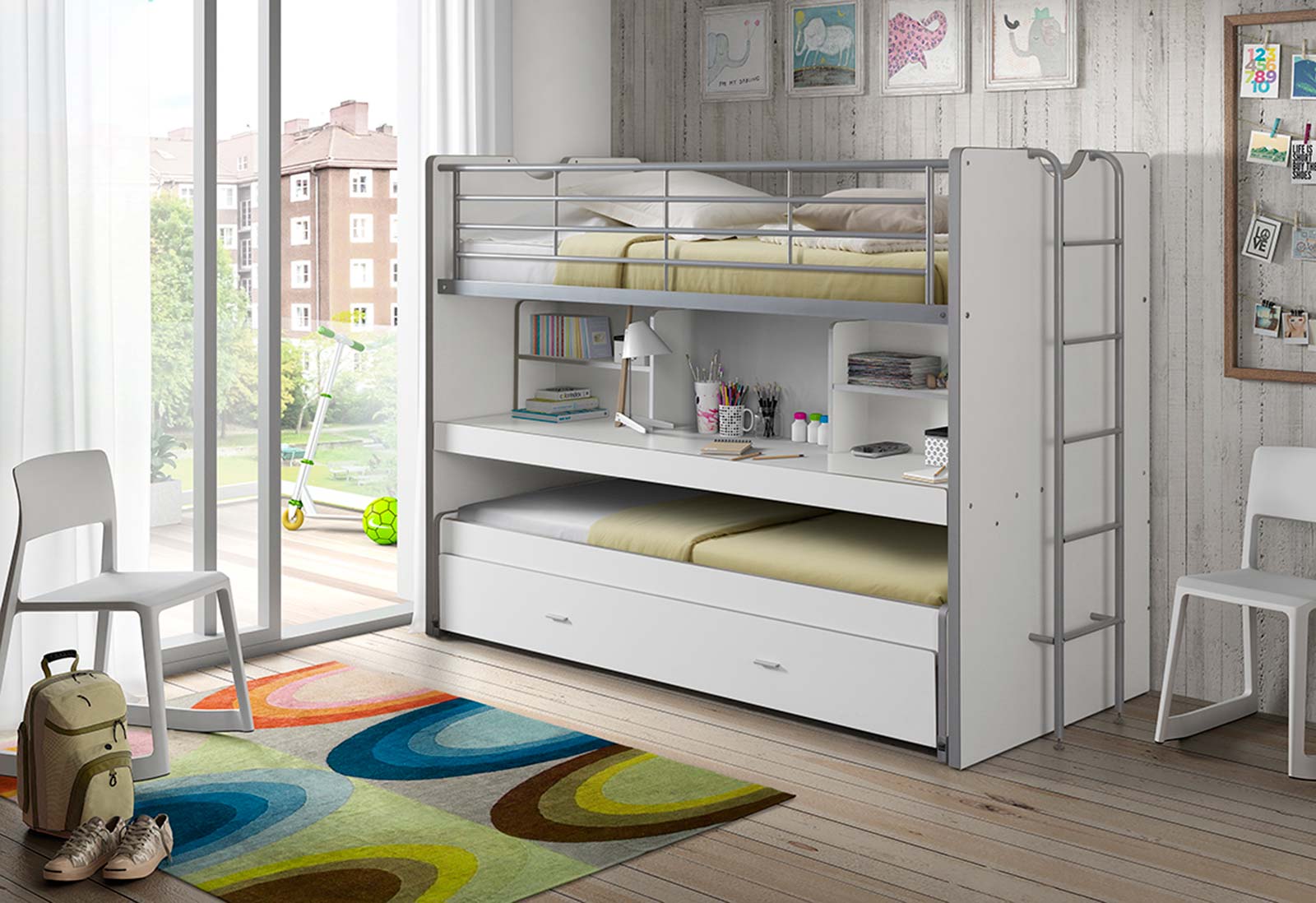 Letto castello con scrivania, 3 posti, disponibile in 7 colori