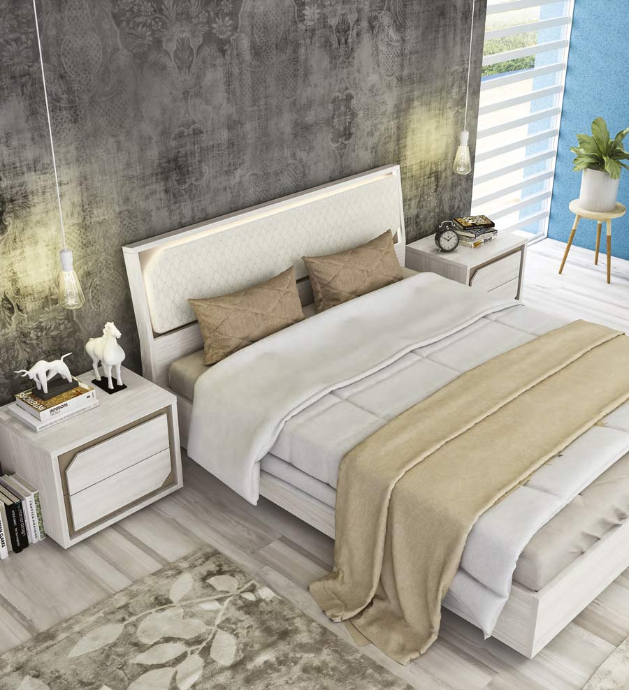 Camera da letto completa, finitura Olmo Bianco e ecopelle con dettagli Visone