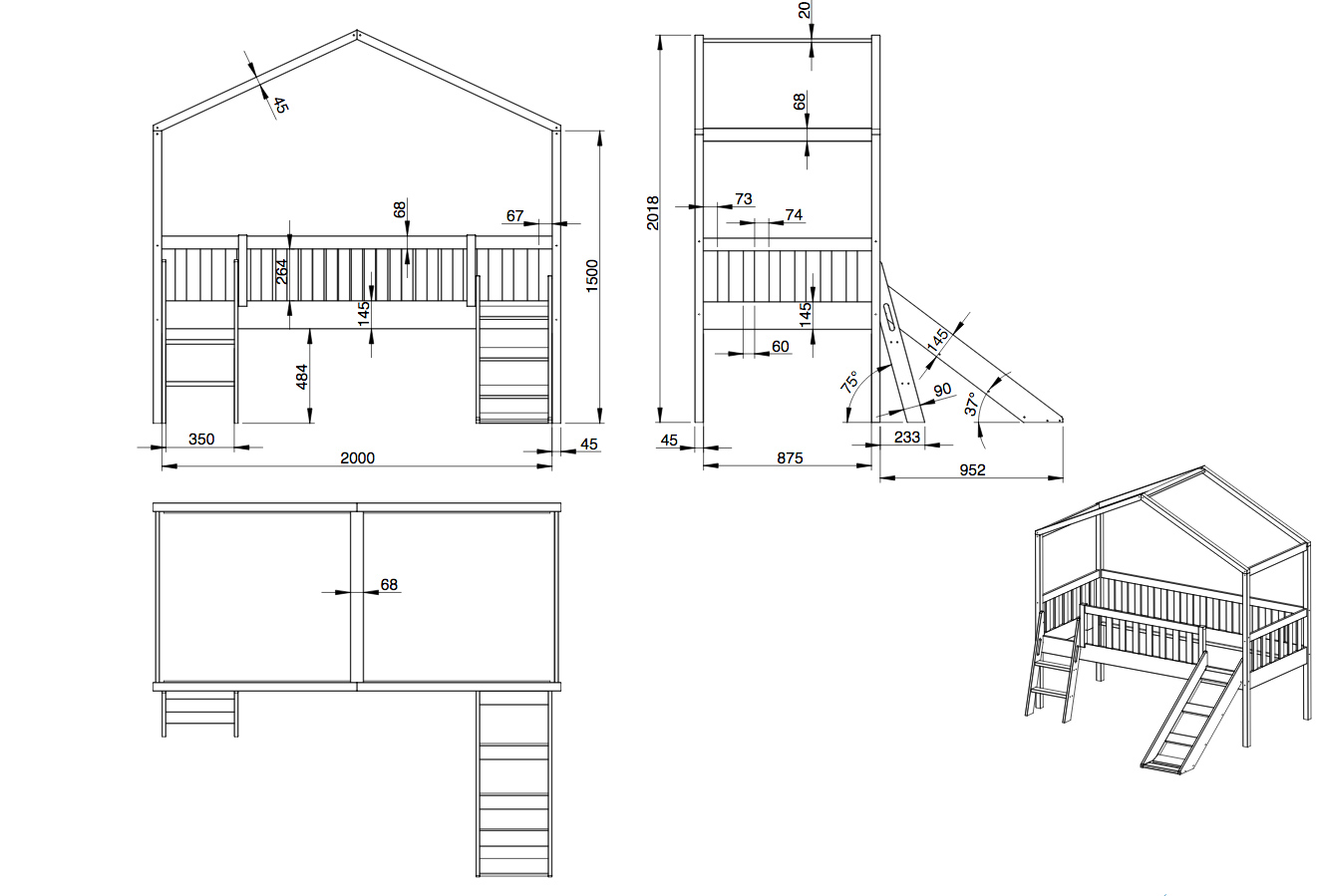 Letto a casetta con scivolo per bambini, finitura Bianco laccato