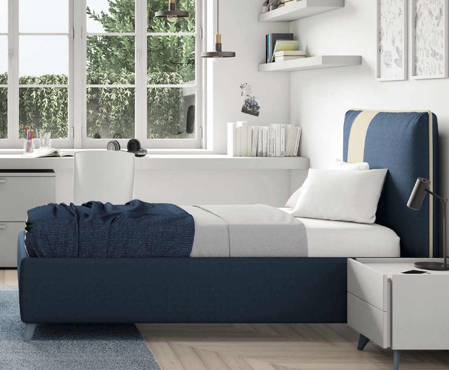 Letto singolo in tessuto, finitura Blu opale e Desert