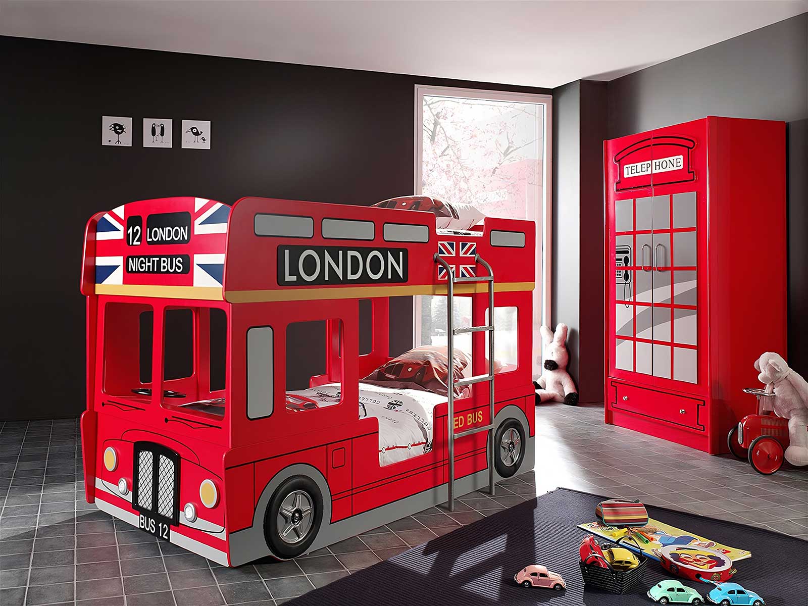Lettino castello design bus londinese, Rosso, Grigio e Nero, a prezzo scontato