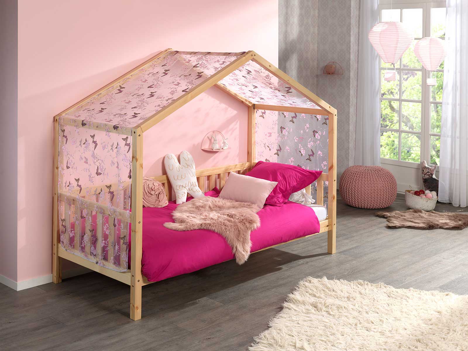 Letto montessoriano pino massello, design a casetta, disponibili 3 finiture
