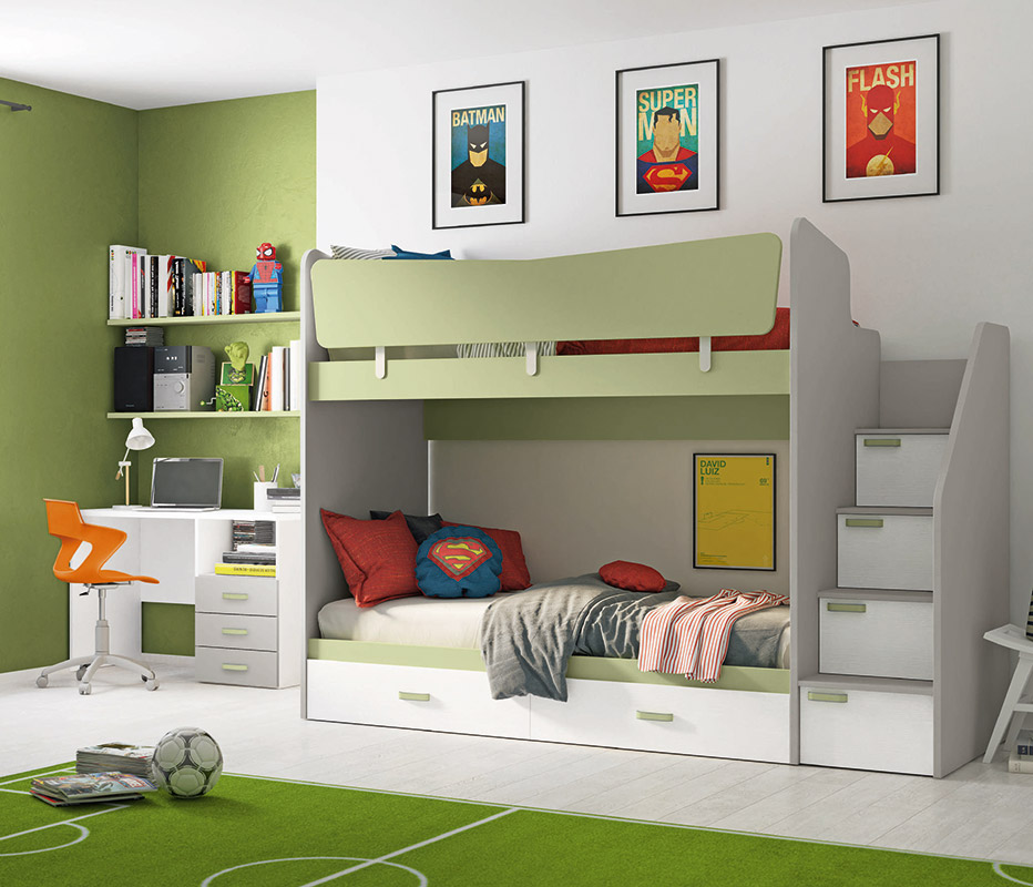 Letto a castello scontato in finitura Grigio dorian, Oliva e Rovere bianco