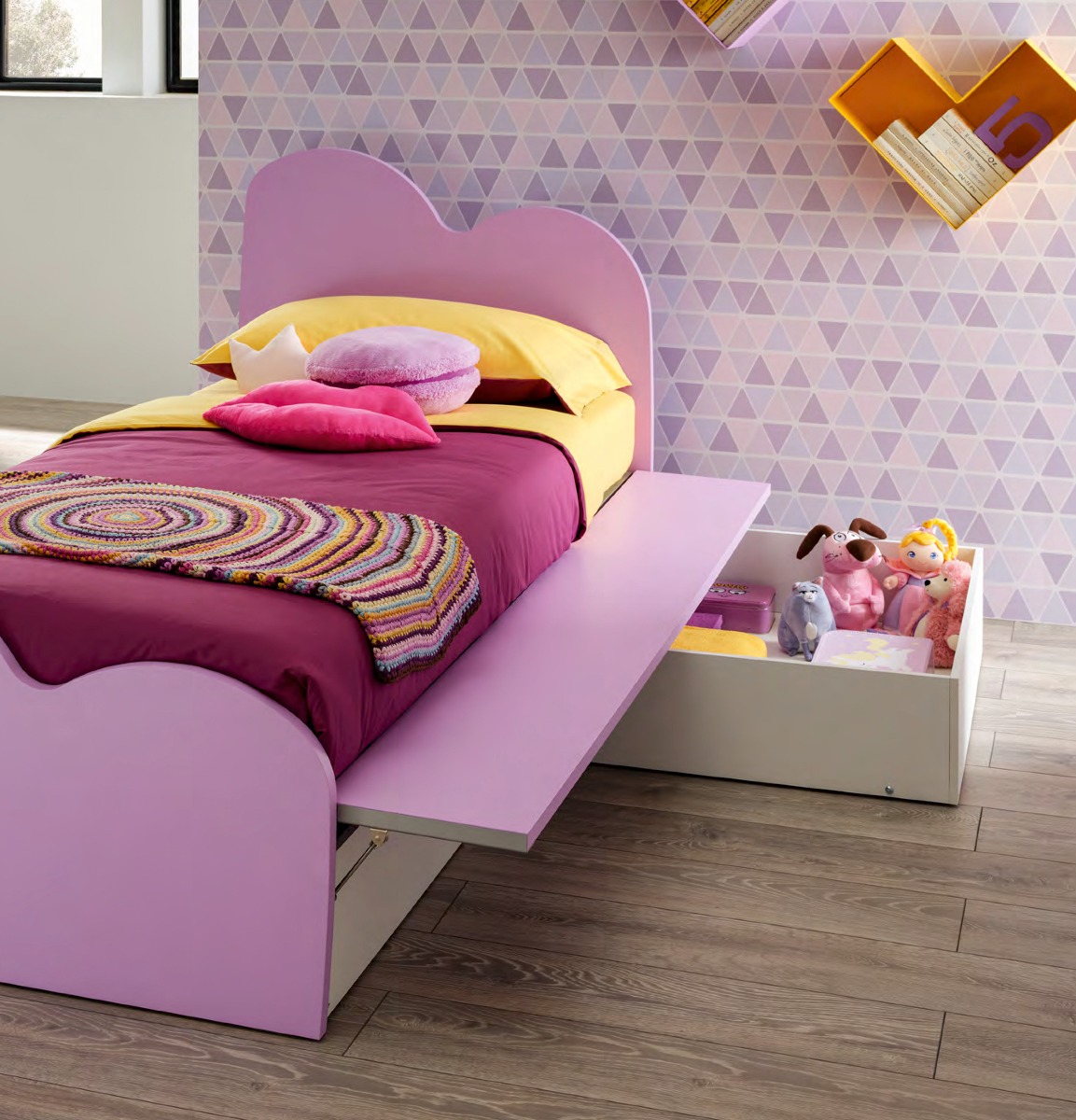 Letto singolo Celine con cassettoni in finitura Lilla, Moretti Compact