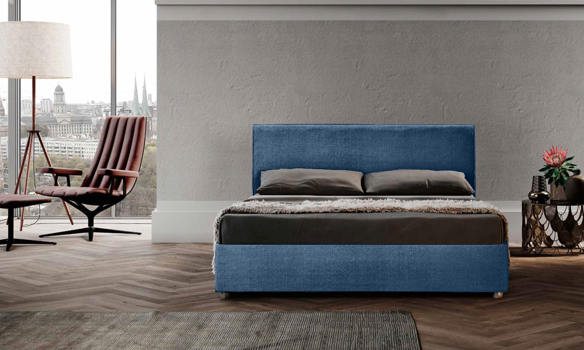 Letto matrimoniale king size tessuto Cobalto, sfoderabile, testata retrofinita