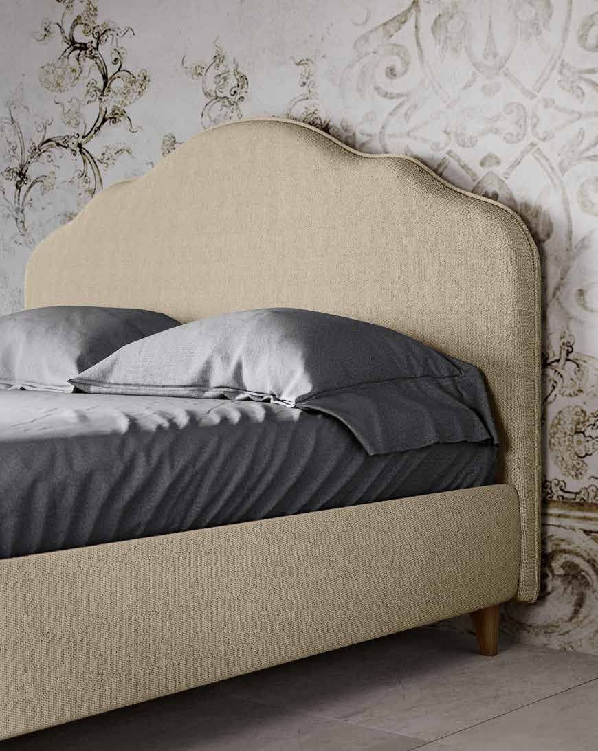 Letto con testata retrofinita, matrimoniale, finitura tessuto panna