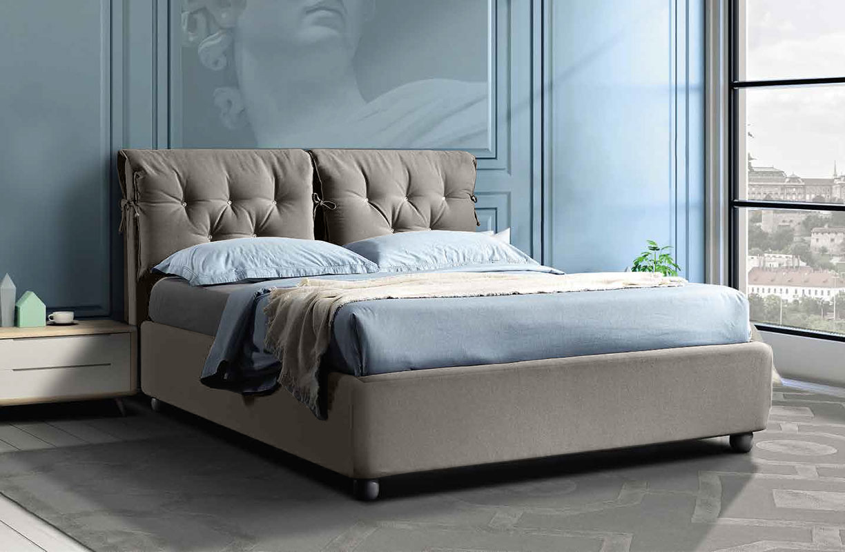 Letto matrimoniale con cuscini e swarovski, finitura tessuto Grigio